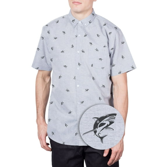 Men’s Shark Print Button Up Shirt – Casual Novelty Collared Top for Beach, Fishing, Vacations & Parties – Sizes S–4XL