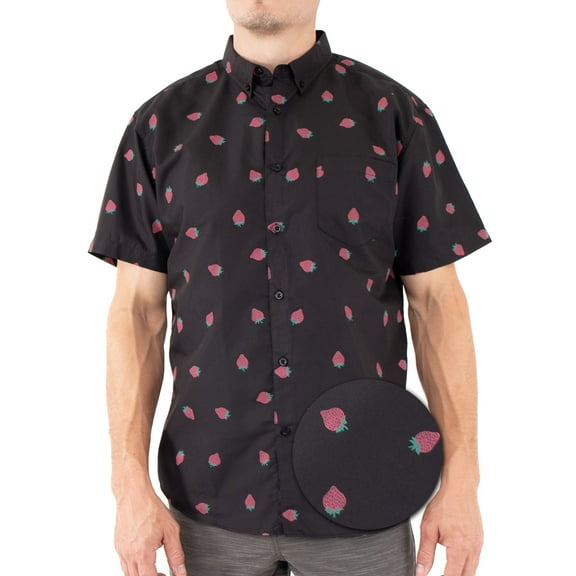 Men’s Short Sleeve Button Down Shirt – Strawberry Print Novelty Casual Collared Summer Vacation Party Top