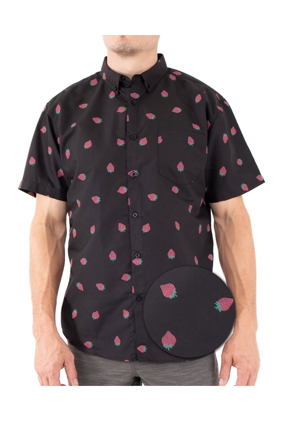 Men’s Short Sleeve Button Down Shirt – Strawberry Print Novelty Casual Collared Summer Vacation Party Top