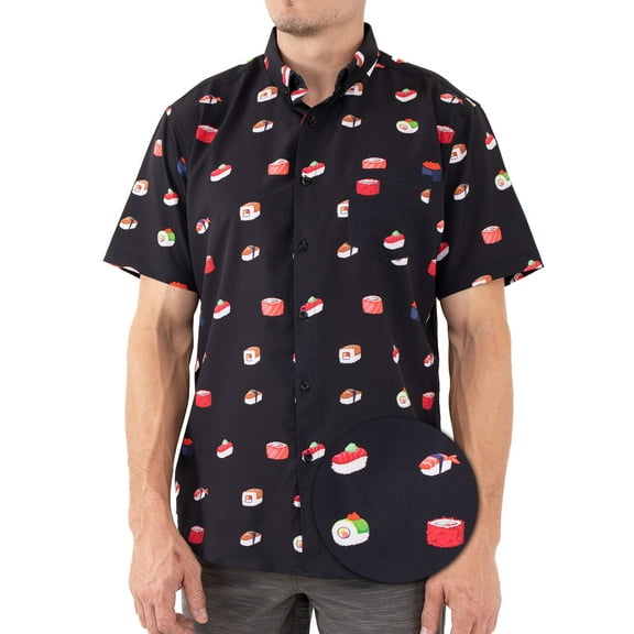 Men’s Short Sleeve Button Down Shirt – Sushi Print – Black Casual Novelty Gift for Him