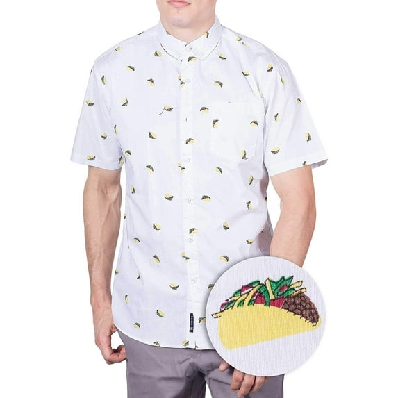 Men’s Short Sleeve Button Down Shirt – Taco Fiesta Llama Avocado Print – Funny Casual Gift