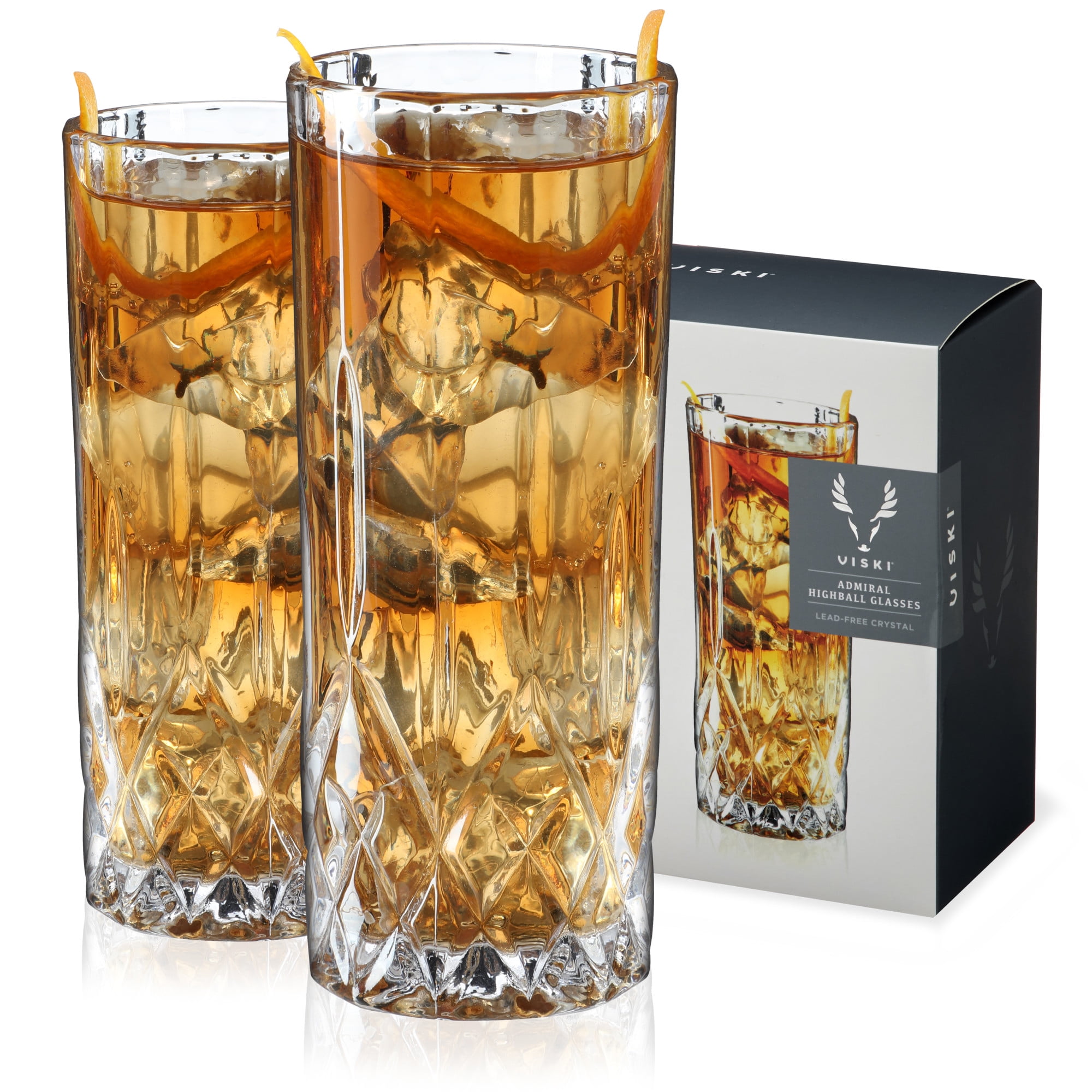 Viski Admiral Crystal Highball Glasses - Fancy Tall Drinking Glass for ...