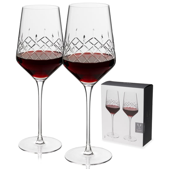 Viski Admiral Cut Crystal Universal Wine Glasses for Red and White Wines, Modern Drinking Glasses for Birthday, Housewarming, Wedding Gifts, Home Bar, Elegant Glassware, 19 oz, Set of 2