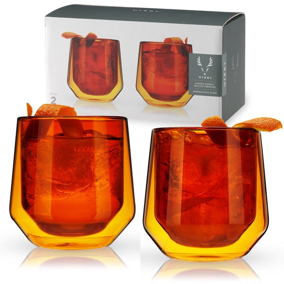 Viski Aurora Wine Glasses, Iced Coffee, Water Tumblers, 9 oz Set of 2 Amber