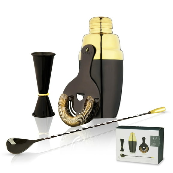 Viski Barware Set, Cocktail Shaker Jigger Bar Spoon and Strainer, Set of 4