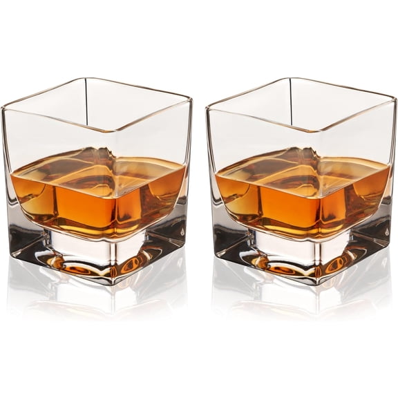 Viski Braque Rocks Short Glass Set - Old Fashioned Square Drinking Glasses, Crystal Cocktail Glasses 10oz of 2