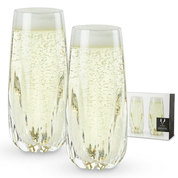 Viski Raye Cactus Crystal Champagne Flutes Set of 2 - Premium Crystal Clear Glass, Modern Stemless, Champagne Glass Gift Set - 10oz