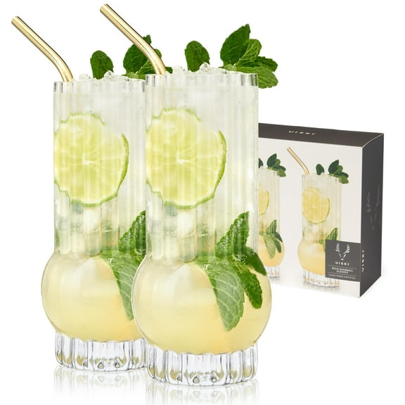 Viski Deco Highball Glasses for Cocktails, Iced Tea, Soda, 13oz, Set of 2