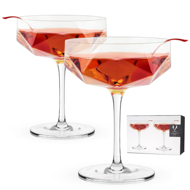 Viski Faceted Coupes - Modern Stemmed Champagne Coupe Cocktail Glasses, Set of 2