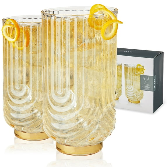 Viski Gatsby Highball Glasses for Cocktails, Lemonade, Tea, 15 oz Set of 2