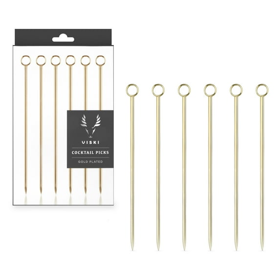 Viski Stainless Steel Cocktail Picks for Olives, Cherries, Set of 6 Gold