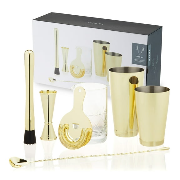 Viski Belmont 7PC Barware Set, Home Bar Accessories, Bartender Gifts, Gold