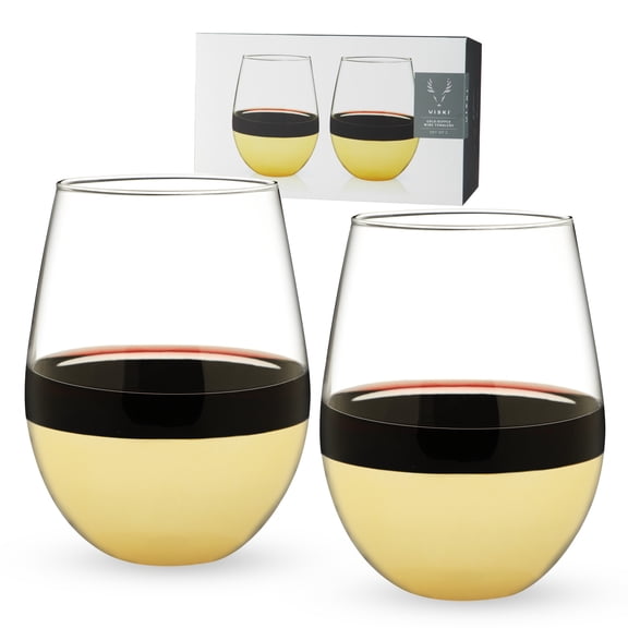 Viski Gold Dipped Crystal Stemless Wine Glasses, Glass Tumblers for Cocktails, White and Red Wines, Kitchen Glassware, Home Bar, 19 oz, Set of 2
