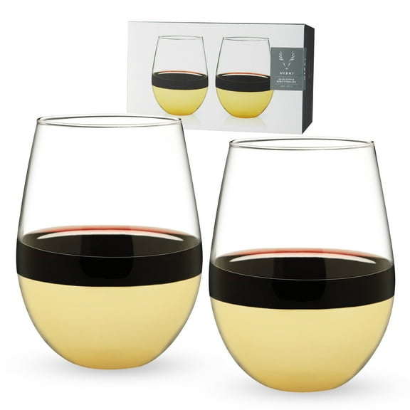 Viski Gold Dipped Stemless Wine Glasses, Wine Cups Tumblers, 19oz Set of 2