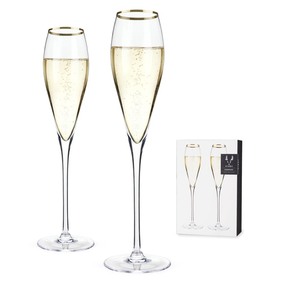 Viski Gold-Rimmed Crystal Champagne Flutes, Wedding Gifts, 8oz Set of 2