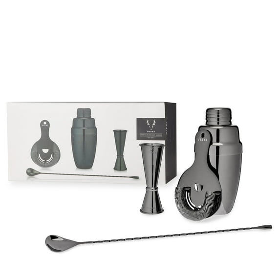 Viski Gunmetal Barware Set, Cocktail Shaker Jigger Spoon Strainer, 4PC Set