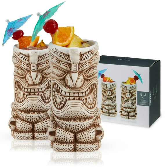 Viski High Tide Tiki Mugs, Ceramic Cocktail Glasses Barware 14.5oz Set of 2