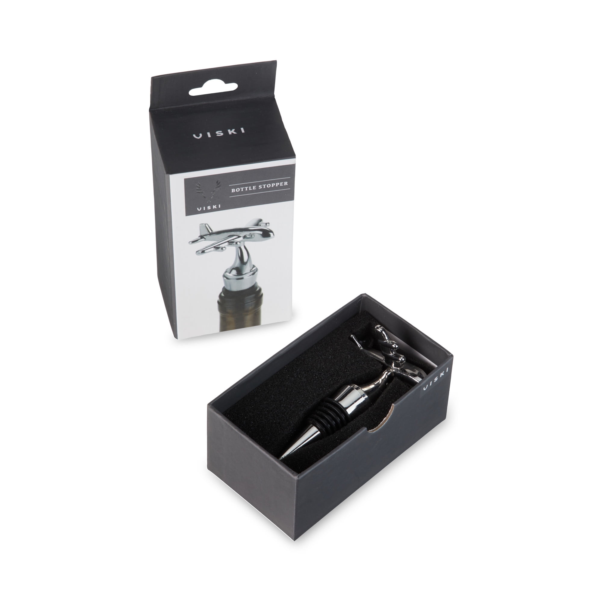 Viski Jet Bottle Stopper, Silver Airplane Wine Bottle Stopper, Metal