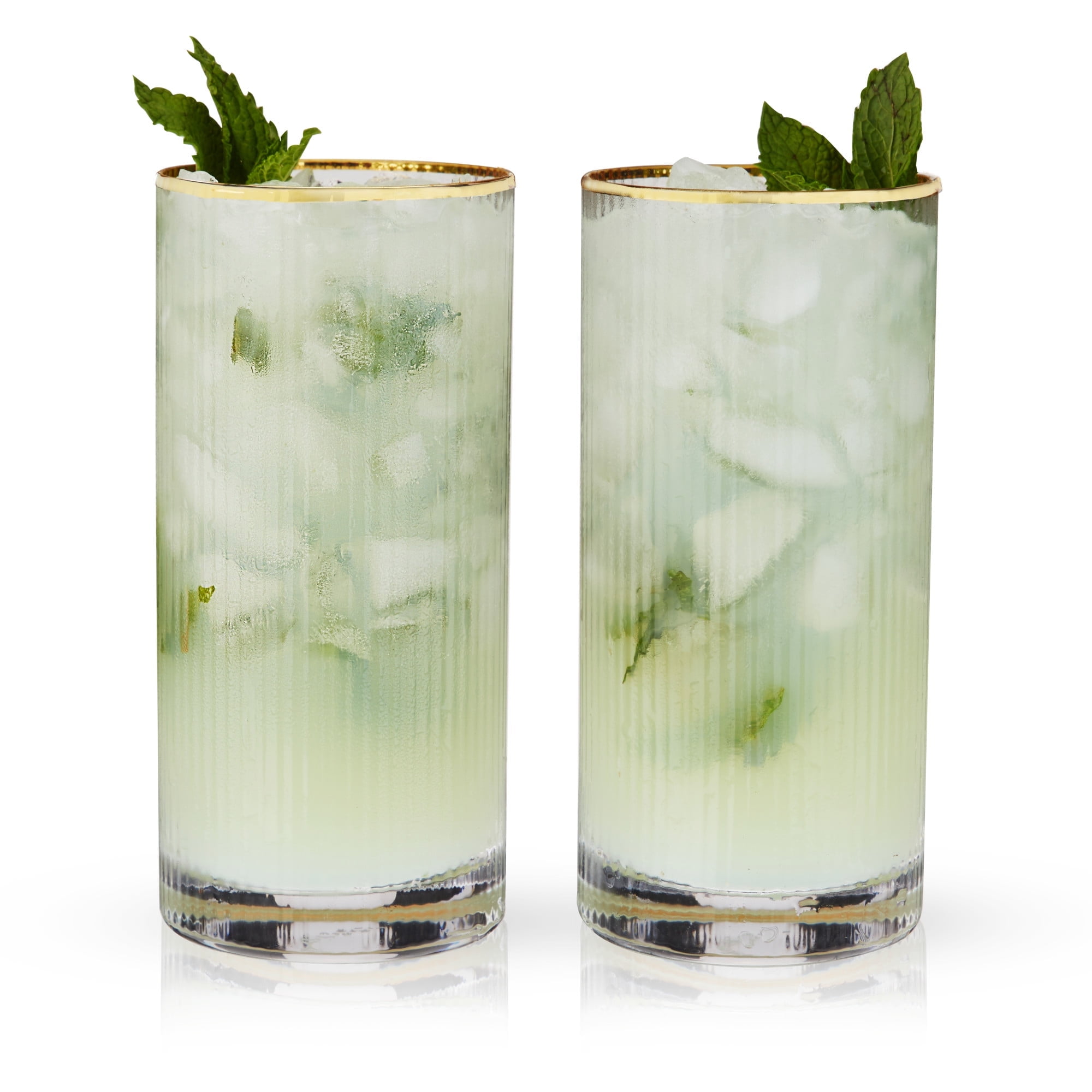 Gold Rimmed Clear Rippled Highball Glasses Set of 2, 15oz