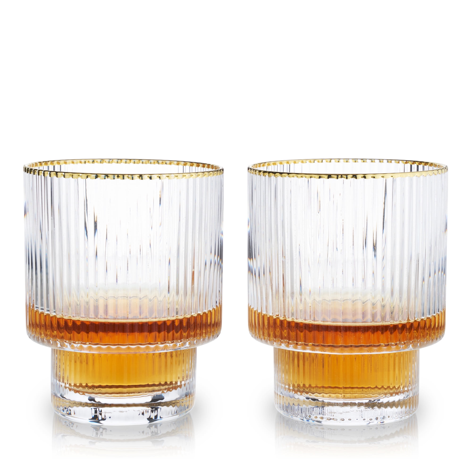 Gold Rimmed Rippled Crystal Lowball Tumblers Set of 2
