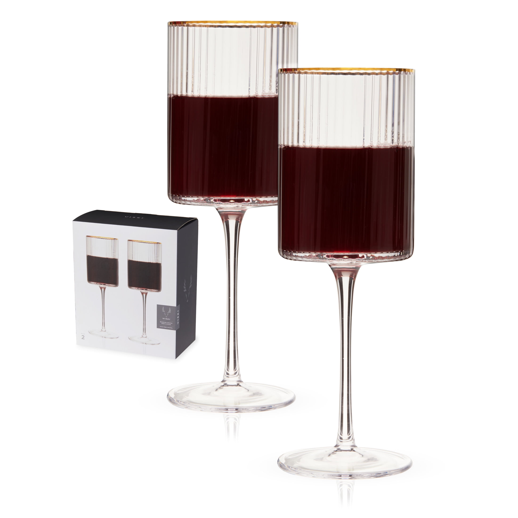 Meridian Ribbed Crystal Wine Glasses with Gold Rim, Set of 2