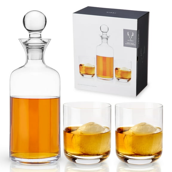 Viski Modern 3-Piece Whiskey Decanter Set with Glasses, Whiskey Decanter Sets for Men, Perfect for Scotch and Bourbon, Decanter and Tumbler set, 44oz Decanter, 12oz Whiskey Tumblers