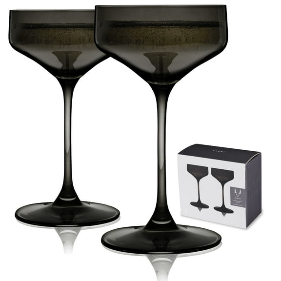 Viski Nouveau Champagne Coupe Glasses, Home Bar Gifts, 6.5oz Set of 2 Smoke