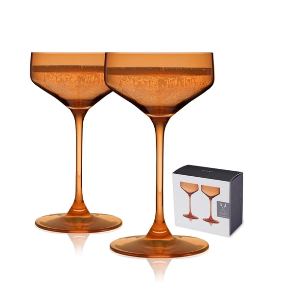 Viski Nouveau Champagne Coupe Glasses, Home Bar Gifts, 6.5oz Set of 2 Amber