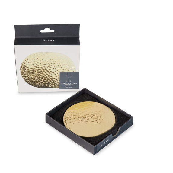 Viski Hammered Brass Drink Coasters for Cocktails, Table Decor, Set of 4