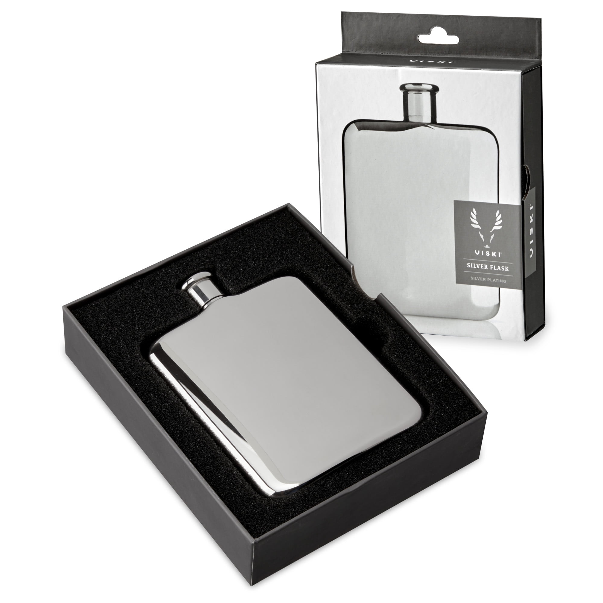 Viski Silver Flask, Polished Stainless Steel Flask with Screw Top for