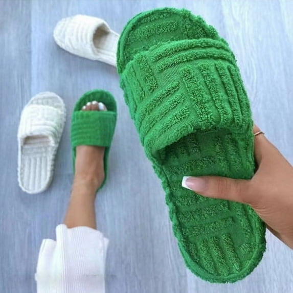 Visland 1 Pair Women Plush Slippers Peep Toe Slip-on Thick Sole Warm Autumn Winter Slippers for Home