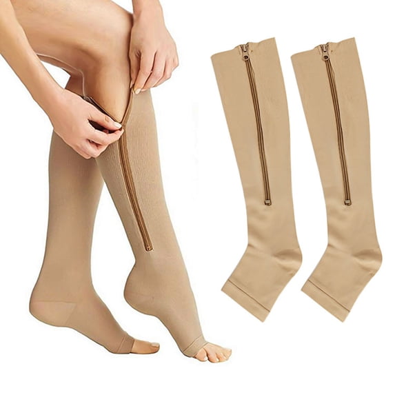 Visland 1 Pairs Compression Socks Toe Open Leg Support Stocking Knee High Socks with Zipper,Apricot Brown