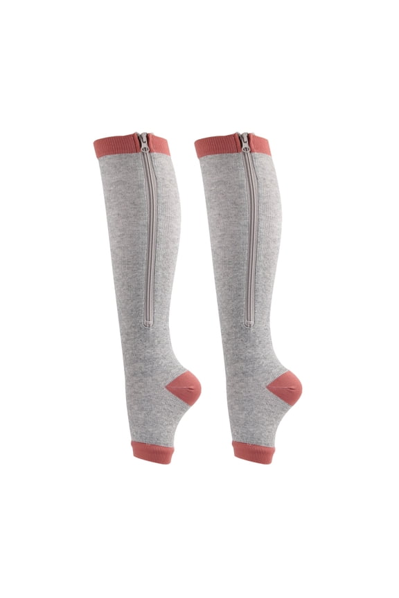 1 Pairs Compression Socks Toe Open Leg Support Stocking Knee High Socks with Zipper,Apricot Brown