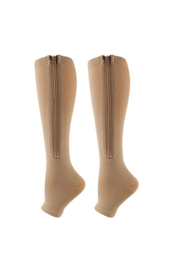 1 Pairs Compression Socks Toe Open Leg Support Stocking Knee High Socks with Zipper,Apricot Brown