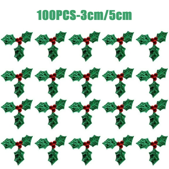 Visland 100pcs Christmas Clover Decoration, Mini Triple Leaf Holly Berries Embellishments Tree Ornaments Decor for Holiday Xmas Arrangement Gift Tag and Card Making (3cm/5cm)