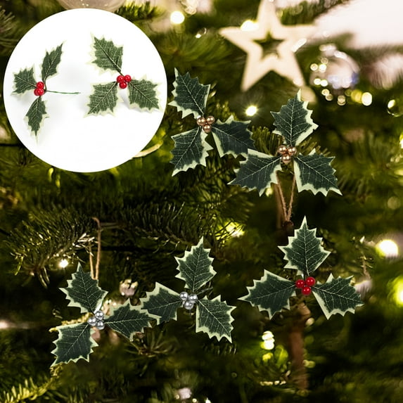 Visland 10Pcs Simulation Leaf with Fruits Realistic DIY Artificial Holly Berries Christmas Leaves for Party