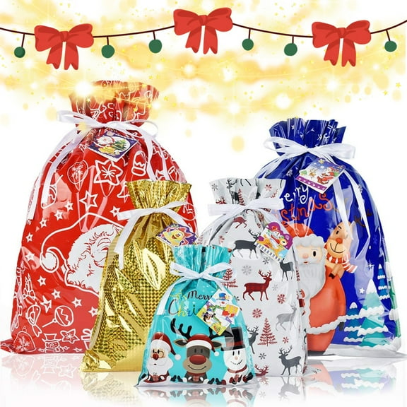 Visland 15PCS Christmas Bag Christmas Wrapping Assorted Styles Christmas Goody Bags with Ribbon Ties for Christmas Party Xmas Holiday