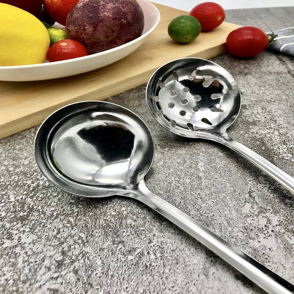 Visland 1Pc Long 24cm Soup Ladle Colander Spoon High Temperature Resistant Handle Stainless Steel Hanging Hot Pot Scoop for Kitchen