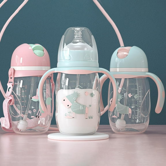 Visland 240ml/300ml Infant Drop-proof Baby Wide-caliber Milk Bottle with Straw Handle,Breastfeeding Bottles for Baby