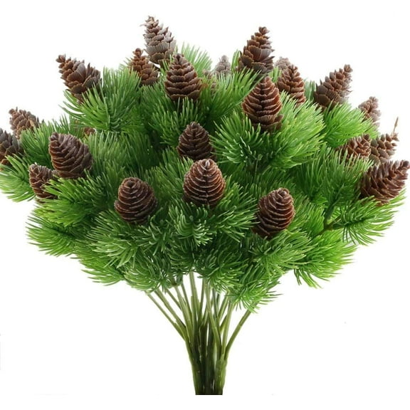 Visland 2PCS Artificial Pine Branches with Artificial Pine Cones Plastic Shrubs Faux Greenery Bushes Bundles Table Centerpieces Arrangements Home Kitchen Office Indoor Outdoor Decorations