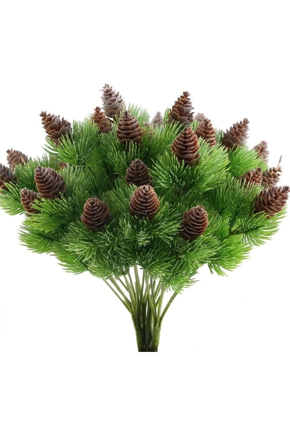 2PCS Artificial Pine Branches with Artificial Pine Cones Plastic Shrubs Faux Greenery Bushes Bundles Table Centerpieces Arrangements Home Kitchen Office Indoor Outdoor Decorations