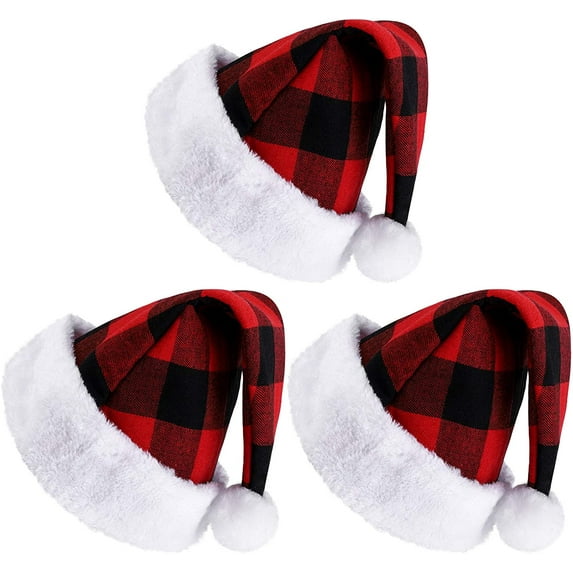 Visland 3PCS Christmas Santa Hat, Red and Black Buffalo Plaid White Cuffs, Plush Fabric Xmas Hat for Adults and Kids, Perfect Accessory for Family Party Holiday Event
