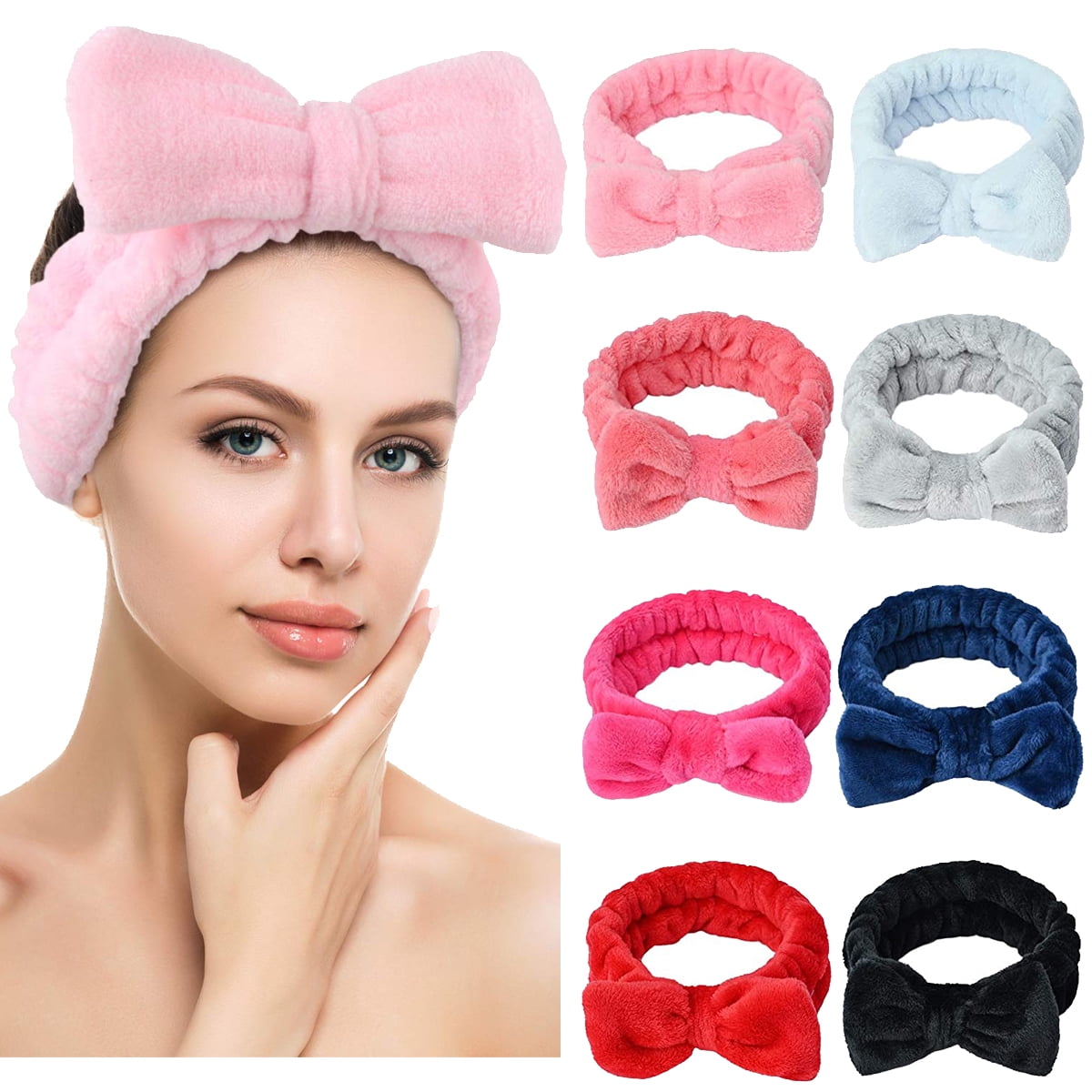 3er Set Stirnbänder Aus Korallen-Fleece – Weich, Elastisch, Mit Schleifen-Deko, Für Gesichtspflege & Sport