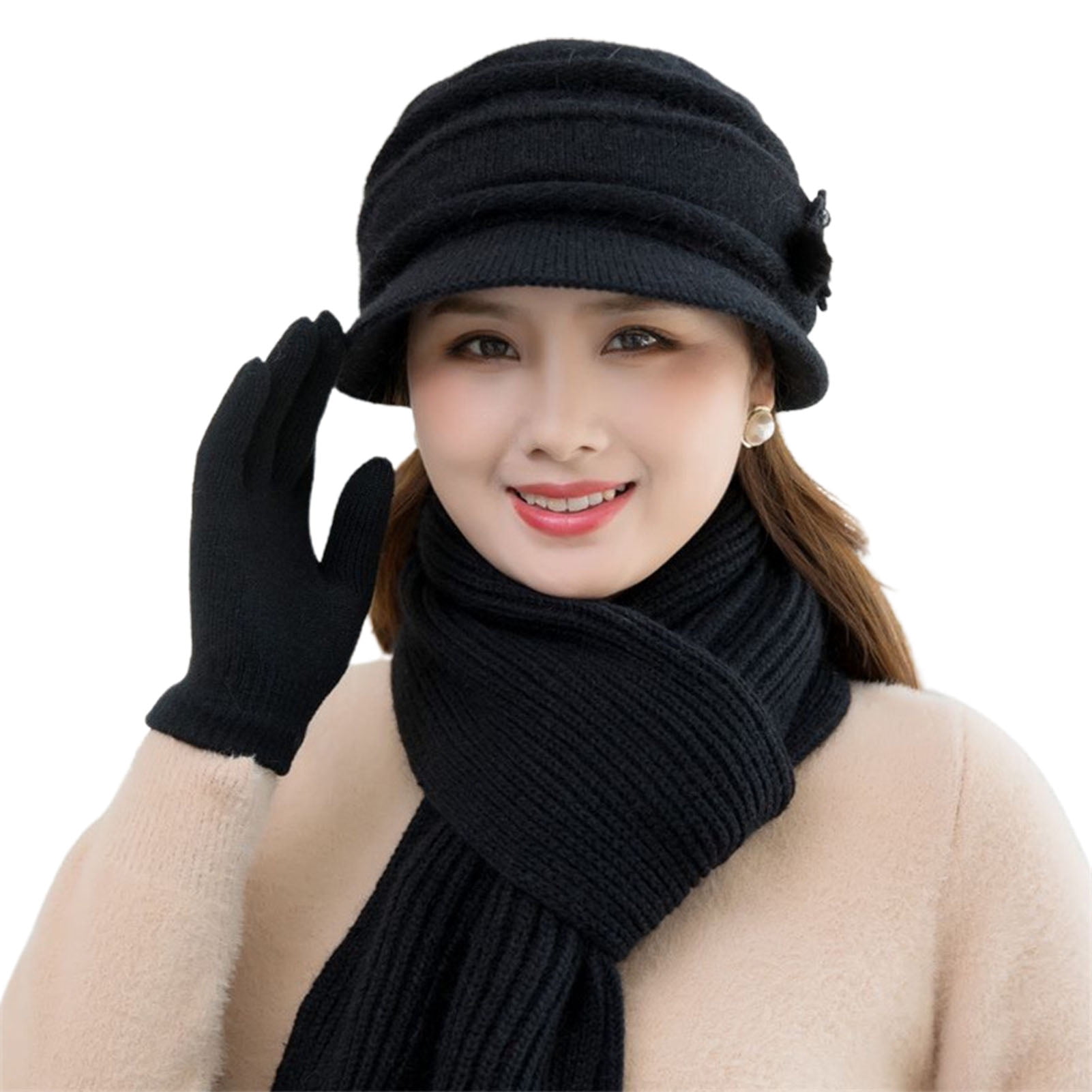 Visland 3Pcs/Set Women Hat Scarf Gloves, Fashion Casual Solid Color