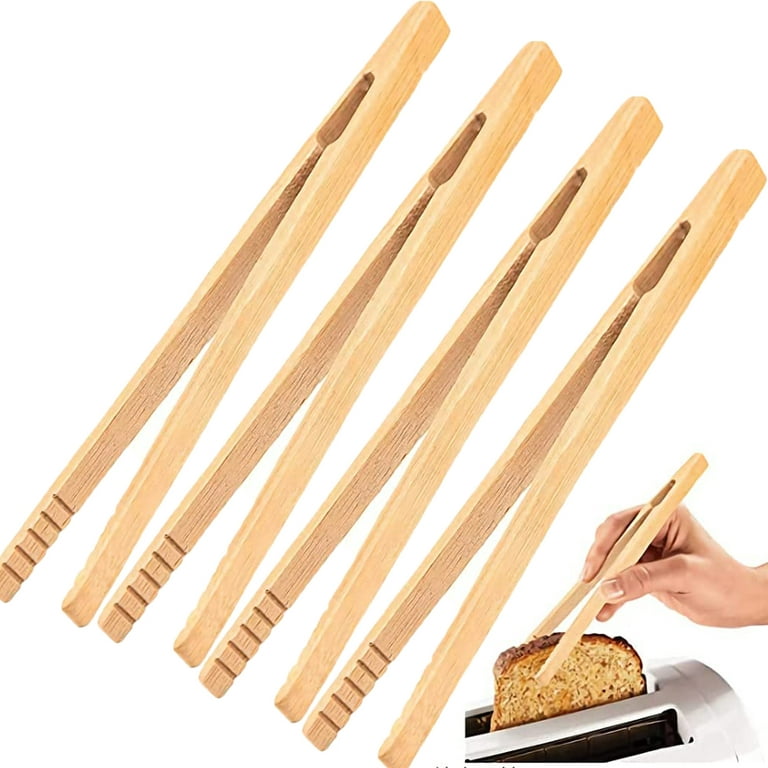 Visland 4/8 Pack Bamboo Toaster Tongs - 7 Reusable Wood Cooking Tongs -Ideal Kitchen Utensil for Cheese Bacon Muffin Fruits Bread, 4pcs