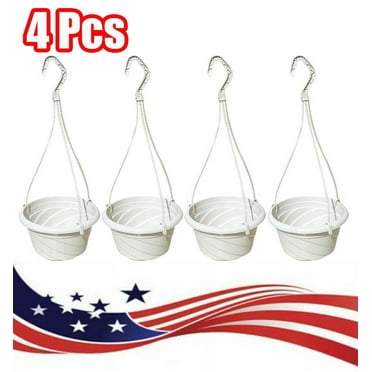 Visland 4 Pieces Plastic Hanging Flower Plant Pots, Chain Basket Planter Holder, Round Hanging Planter Containers for Outdoor Indoor Plants, White (5.1"x 6"x 17")