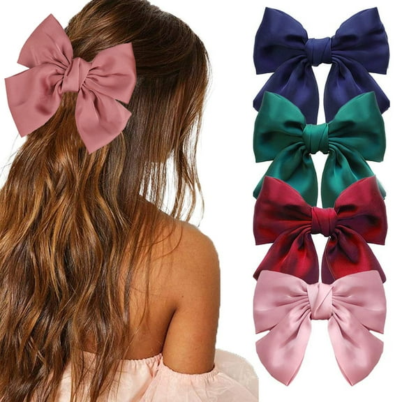 Visland 4PCS Women Hair Barrettes , Big Bow Hair Clips, 8 Inch Soft Silk Bowknot Hair Ribbon, Bow Hair Ties for Girls