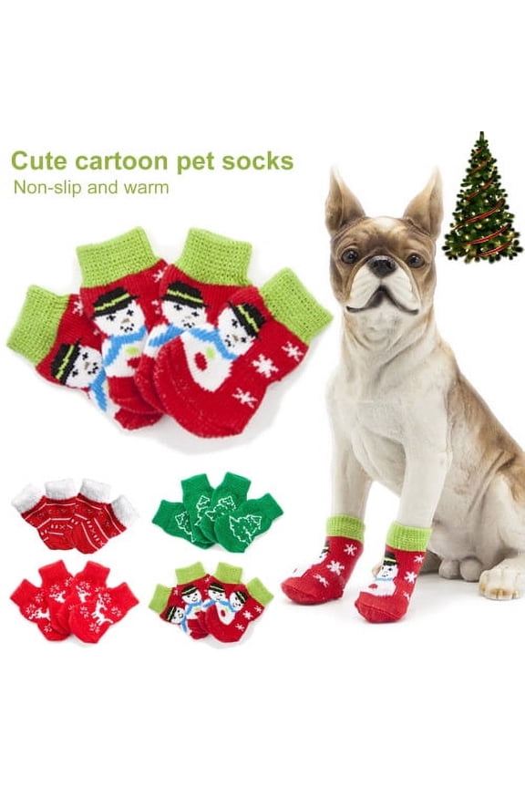 4Pcs Dog Socks, Fashion Casual Non-slip Rubber Design Cute Christmas Tree Elk Snowman Snowflake Pattern Elastic Soft Cozy Knitted Winter Warm Pet Ankle Socks for Puppy Daily Wear