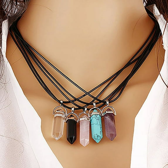 Visland 5 Pieces Hexagonal Chakra Crystal Bullet Shape Gemstone Pendant Necklaces Pointed Quartz Stone Chain Necklaces Artificial Stone with Black Faux Leather Rope,Random Color