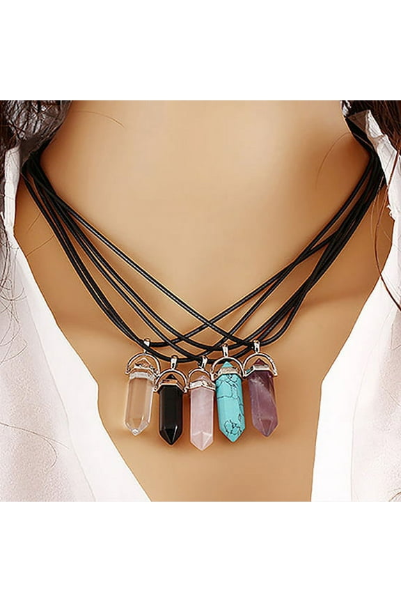 5 Pieces Hexagonal Chakra Crystal Bullet Shape Gemstone Pendant Necklaces Pointed Quartz Stone Chain Necklaces Artificial Stone with Black Faux Leather Rope,Random Color